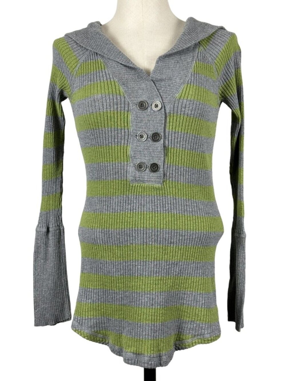 Mossimo Supply Hooded Sweater Womens Size Large Gray Green Striped Long Sleeve